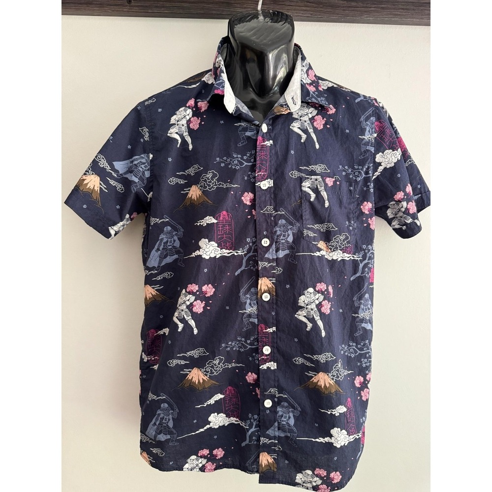 Star Wars Shirt Mens Medium Blue Darth Vader Stormtrooper Short Sleeve Button Up